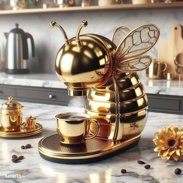 Stylish golden bee-shaped coffee maker on a marble countertop with coffee cup and elegant accessories.