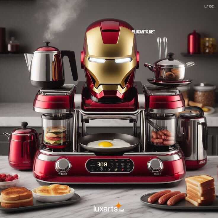 Iron Man-themed kitchen appliance showcasing a multifunctional design with coffee maker, egg cooker, and more.