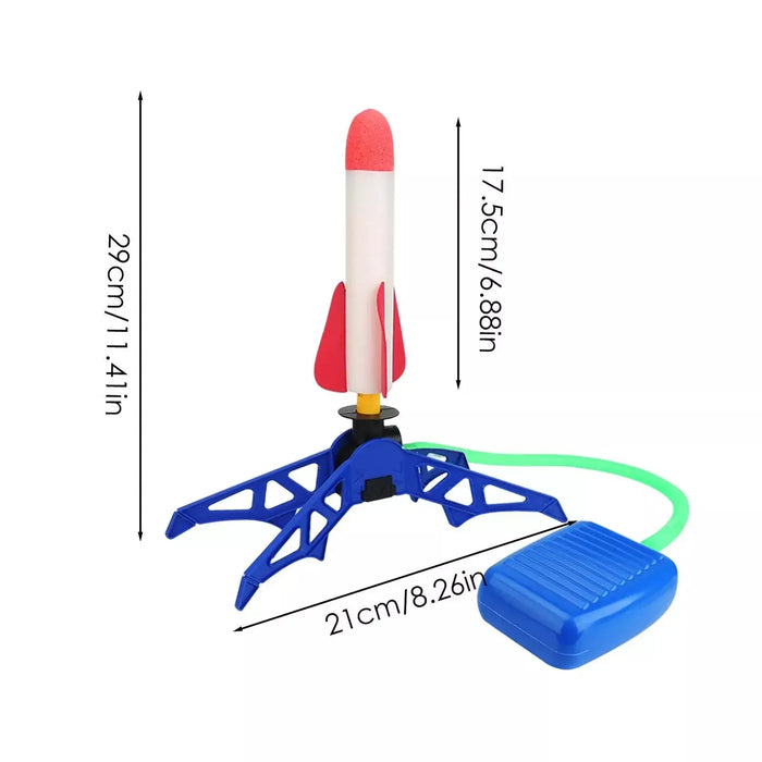 Air-powered rocket launcher for kids with foam rocket, step-pump base, and launch measurements for outdoor fun.