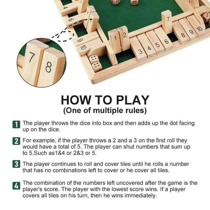 Classic Wooden Shut the Box Dice Game - 4 - Player Family and Party Fun for All Ages - Classy TrovesGreenClassy TrovesClassic Wooden Shut the Box Dice Game - 4 - Player Family and Party Fun for All AgesIntroducing the timeless Classic Wooden Shut the Box Dice Game, a must - have for family game nights and gatherings with friends. Crafted from high - quality wood with smooth ed