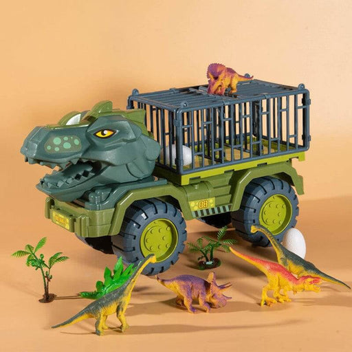 Dinosaur transport truck toy with dinosaur figures, eggs, and plants, perfect for imaginative play and adventures.