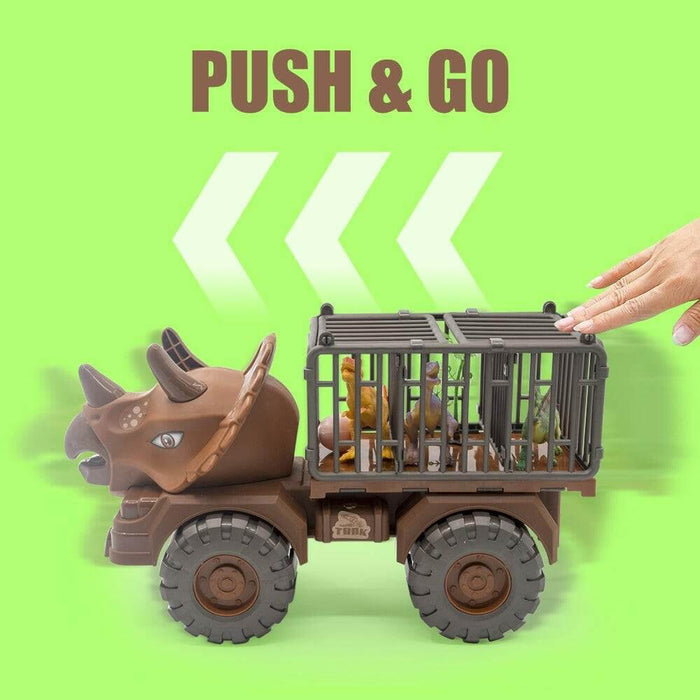 Push and go dinosaur transport truck toy featuring a Triceratops design with cage for dinosaur figures.