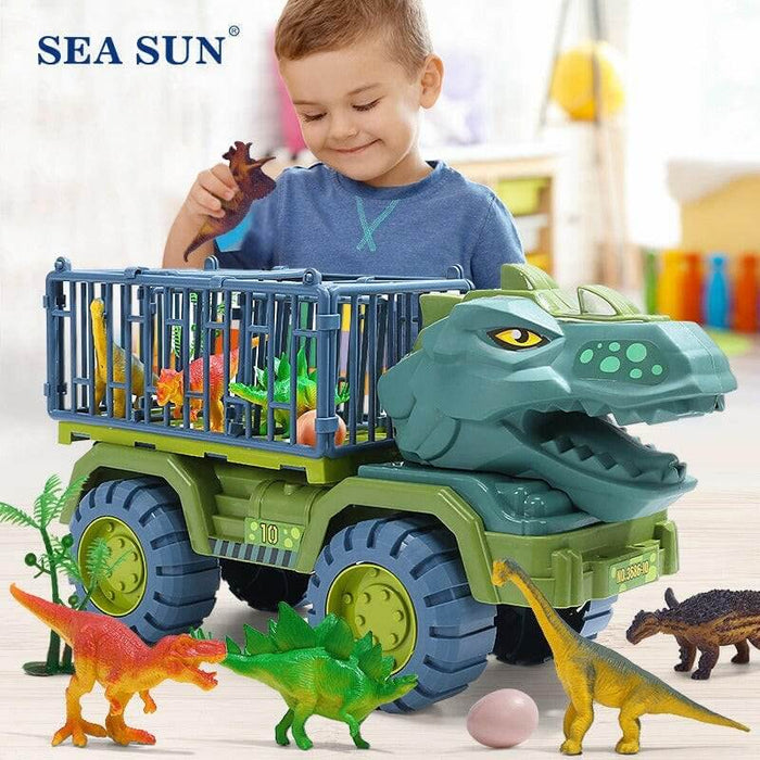 Boy playing with Dinosaur Transport Truck Toy, featuring lifelike dinosaur figures in a playful setting.