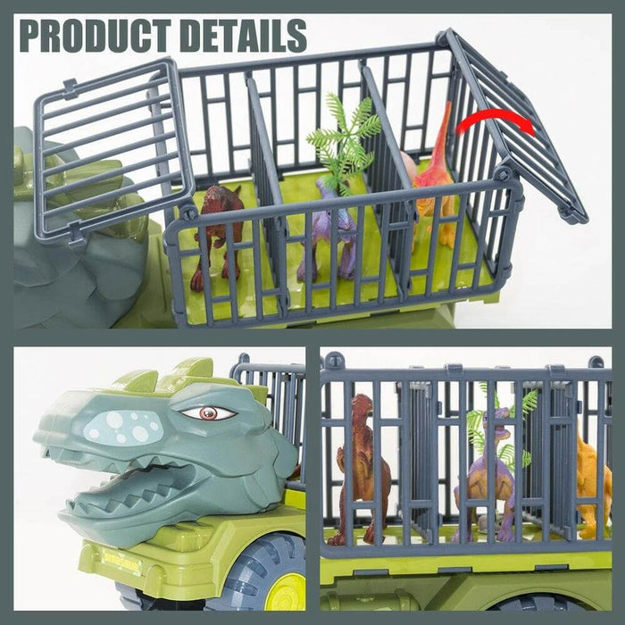 Dinosaur transport truck with caged dino models, showcasing product details for prehistoric playset.