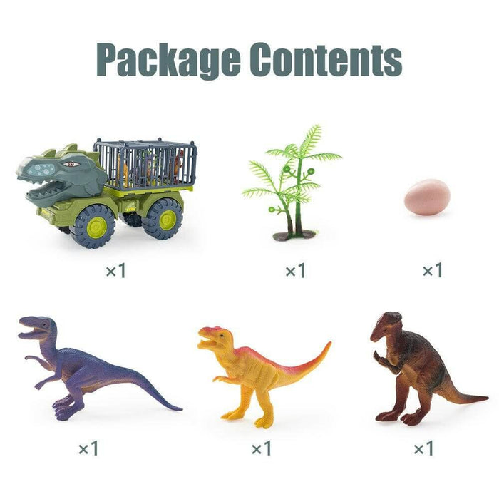 Dinosaur Transport Truck toy set with dinosaurs, plant, egg, and carrier truck for imaginative play.