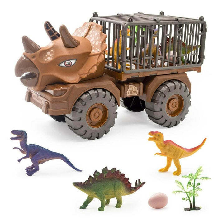 Dinosaur transport truck toy with cage, featuring colorful dino figures and a dinosaur egg for imaginative play.