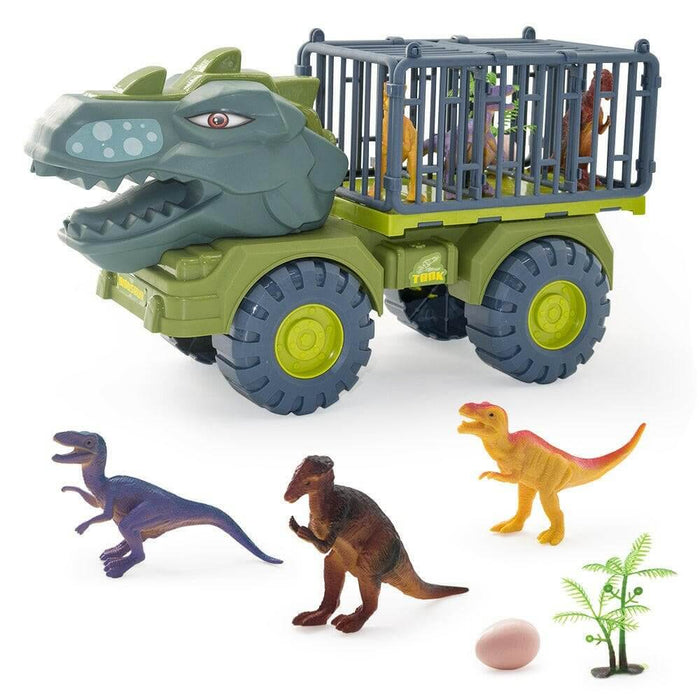 Dinosaur transport truck toy with caged dinosaur models, including T-Rex and other figures, perfect for imaginative play.