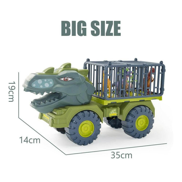 Dinosaur transport truck toy with cage, measuring 35cm x 14cm x 19cm, featuring realistic dinosaur models inside.