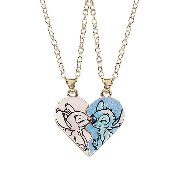 Disney-inspired heart necklace featuring Stitch and Angel pendants for couples, in gold and silver tones.