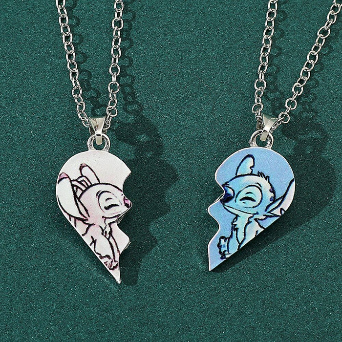 Disney-inspired Stitch and Angel heart necklaces in silver, perfect sentimental gifts for couples or friends.