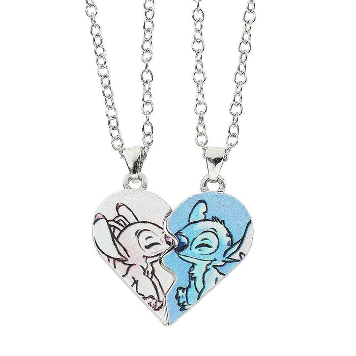 Disney-inspired heart necklace featuring Stitch and Angel pendants in silver, perfect for couples or friends.