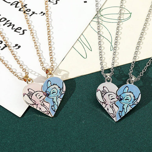 Disney-inspired heart necklaces featuring Stitch and Angel in gold and silver, perfect for couples or friends.