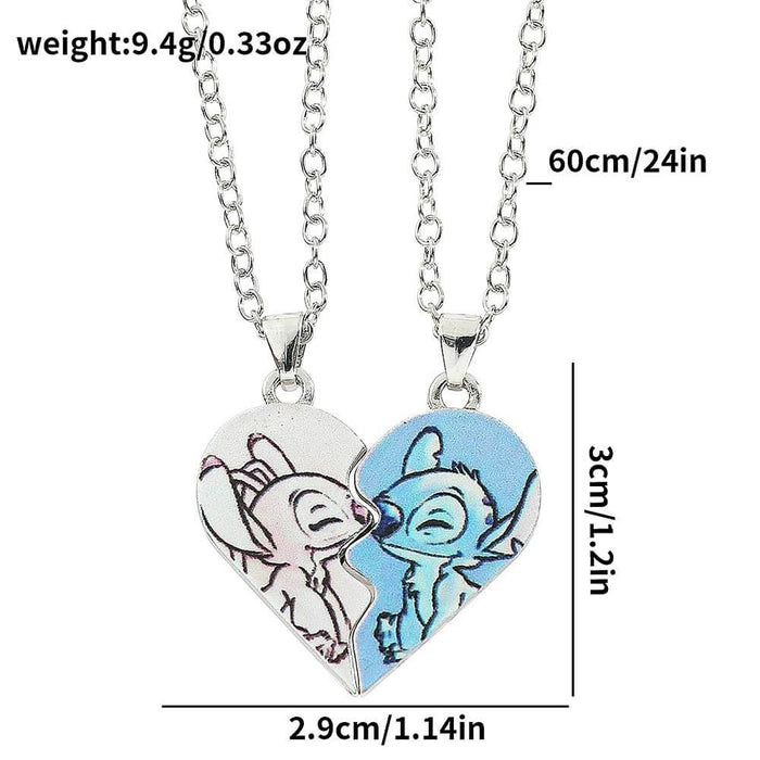 Disney-Inspired Stitch Heart Necklace for couples with gold and silver pendant, showcasing Stitch and Angel design.