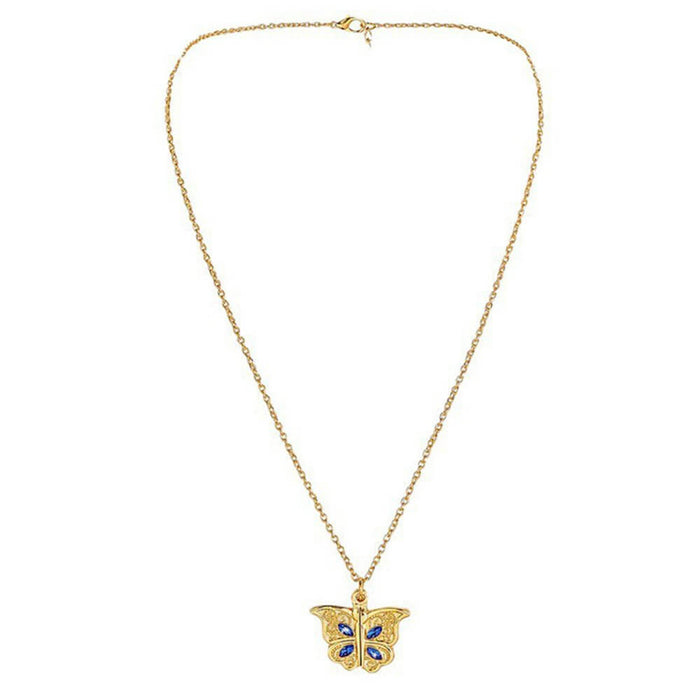 Engravable gold butterfly pendant necklace with blue accents, designed for mom or girlfriend as a heartfelt gift.