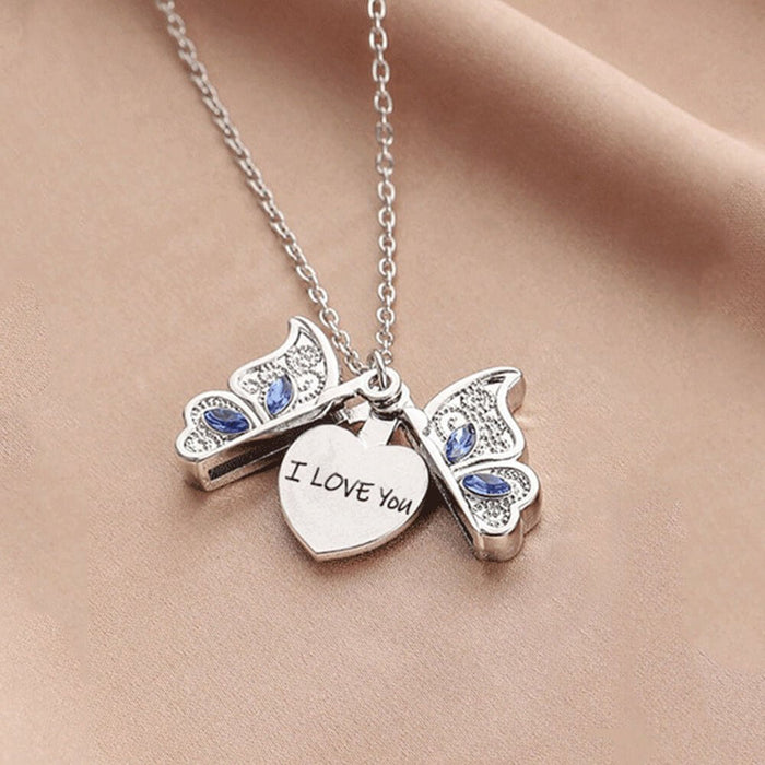 Engravable butterfly pendant necklace with heart charm, featuring "I love you" inscription for heartfelt gifts.