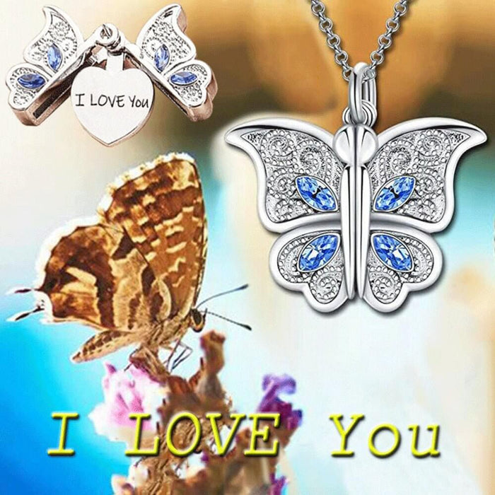 Engravable butterfly pendant necklace with blue accents, symbolizing love and transformation, perfect gift for special occasions.