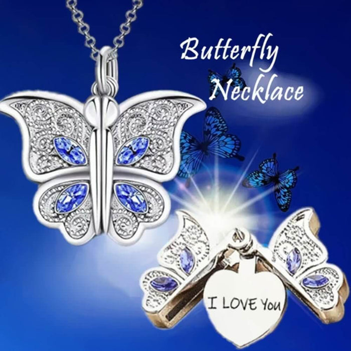 Engravable butterfly pendant necklace with blue accents, symbolizing love and transformation for special gifts.