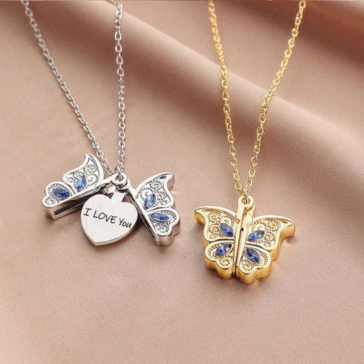 Fashion engravable butterfly pendant necklaces in silver and gold, showcasing "I LOVE YOU" charm for heartfelt gifts.