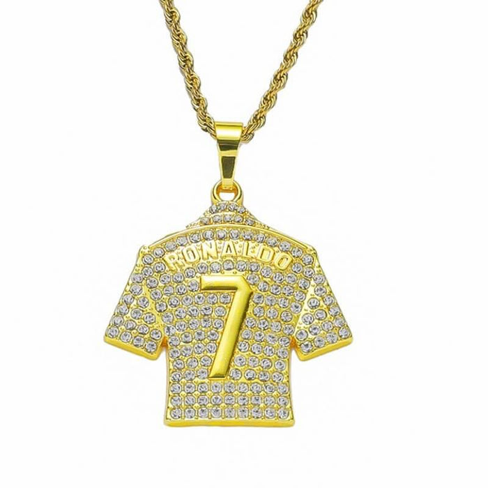 HNSP CR7 jersey pendant necklace in gold with zircon stones, celebrating Cristiano Ronaldo's legacy in soccer fashion.