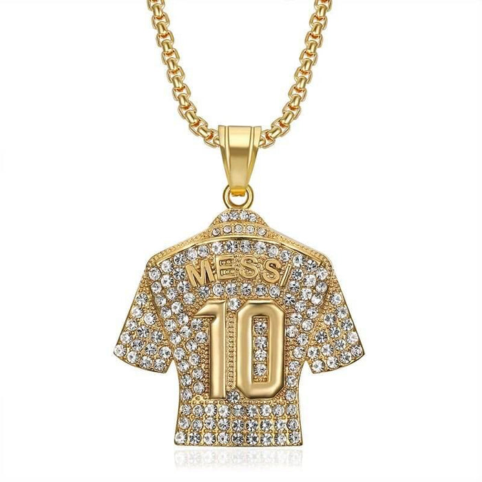 Gold Messi jersey pendant necklace with sparkling rhinestones for soccer fans and jewelry enthusiasts.