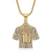 Gold Messi jersey pendant necklace with sparkling rhinestones for soccer fans and jewelry enthusiasts.