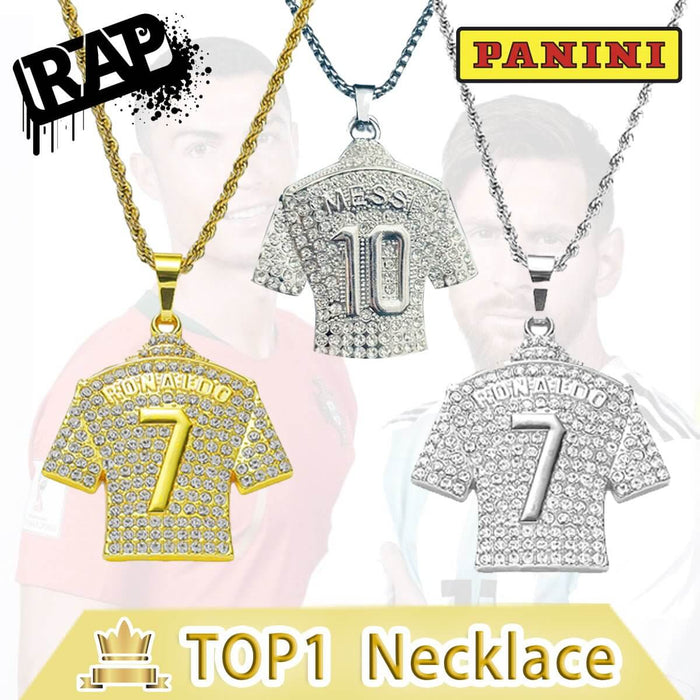 Cristiano Ronaldo and Messi jersey pendants on chains, showcasing hip-hop style jewelry for soccer fans.