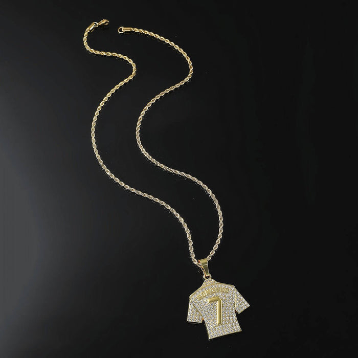 HNSP Cristiano Ronaldo CR7 jersey pendant necklace with zircon details and gold chain, perfect for soccer fans and hip-hop style.