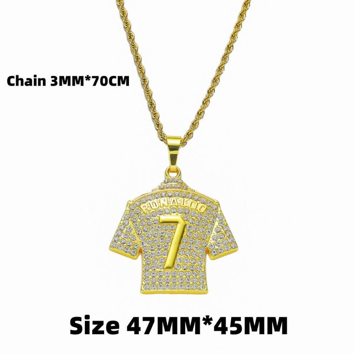 HNSP Cristiano Ronaldo CR7 jersey pendant necklace in gold with zircon details, measuring 47MM x 45MM and 70CM chain.