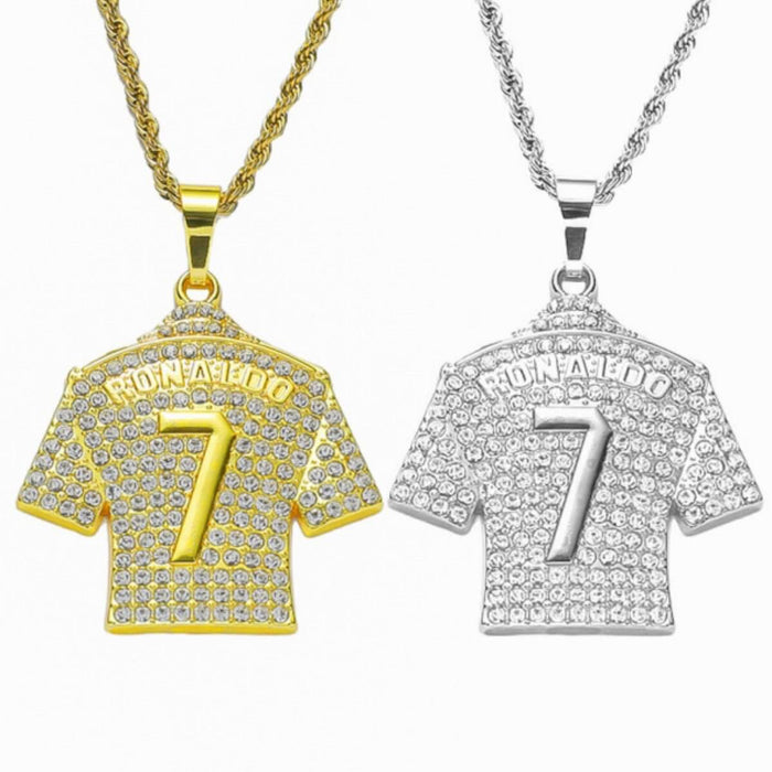 HNSP Cristiano Ronaldo CR7 jersey pendant necklace in gold and silver with zircon stones, perfect for soccer fans and hip-hop style.