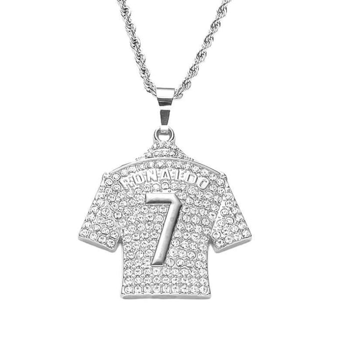 HNSP Cristiano Ronaldo CR7 jersey pendant necklace with zircon stones, perfect for soccer fans and hip-hop jewelry lovers.