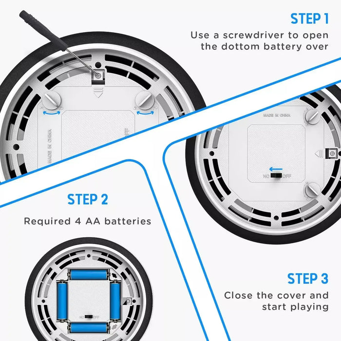 Step-by-step guide to open battery compartment for Hover Soccer Ball Toy, including battery installation instructions.