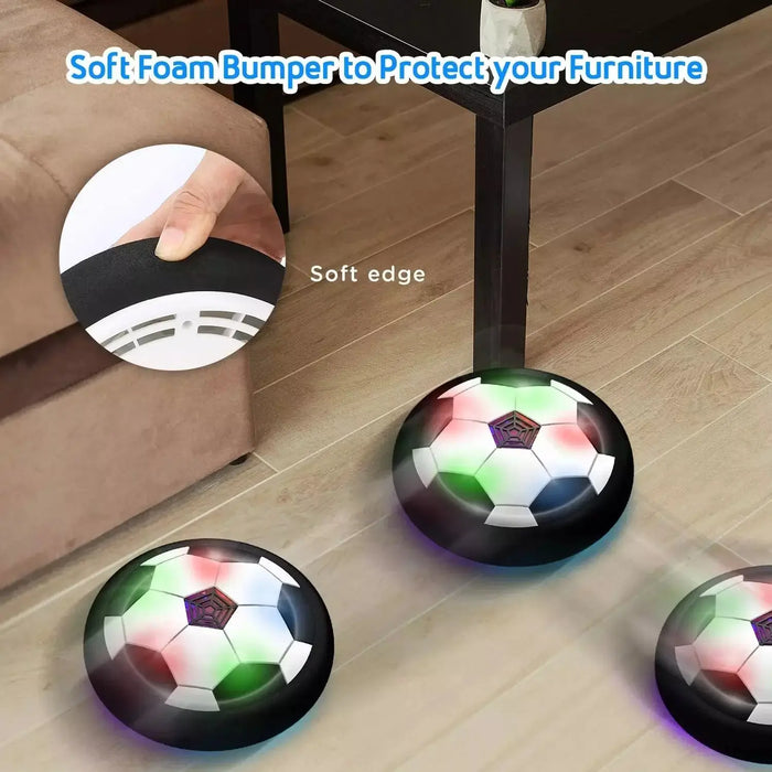 Soft foam bumper on hover soccer ball protects furniture while kids enjoy indoor play with LED lights.