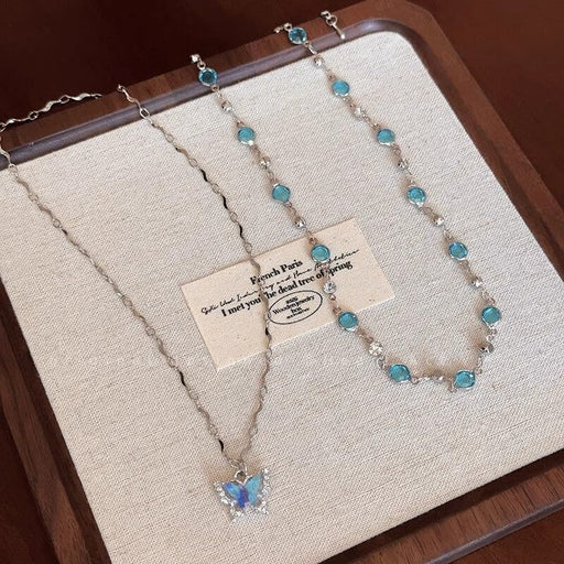 LATS Romantic Blue Crystal Butterfly Necklace showcasing dual-layer choker and elegant fine jewelry with blue crystals and zircon.