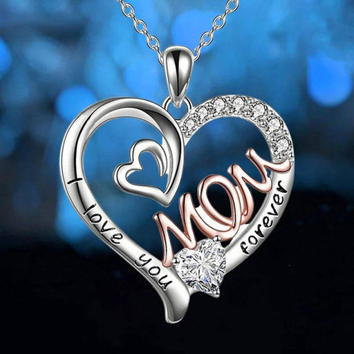 Heart-shaped Mom pendant necklace with "I love you forever" engraving and sparkling details, perfect for gifts.